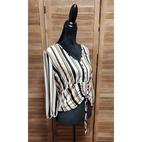 Lavish Womens Striped Balloon Sleeve, Front Tie, Cropped Top Size Medium Blouse - Picture 2 of 7